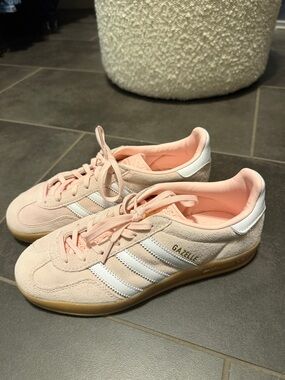 adidas Gazelle Suede Sneakers in Pale Pink with White Stripes and Gum Sole